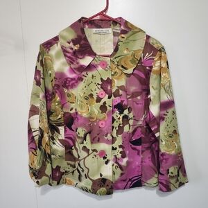New Direction Women’s Floral Print Cotton Jacket Pink Buttons L Peter Pan Collar